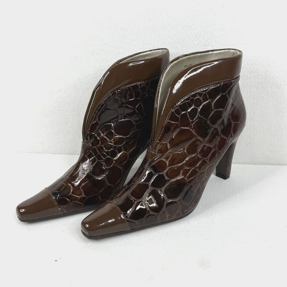 Bellini Volume Patent Crocodile-Embossed Dress Bootie Dark Brown 3.5" Heel 1132